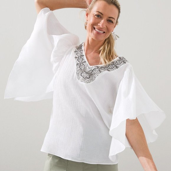 Chico's Tops - Chico's White Blouse with Neckline Embroidered with Gray Beading Size XL